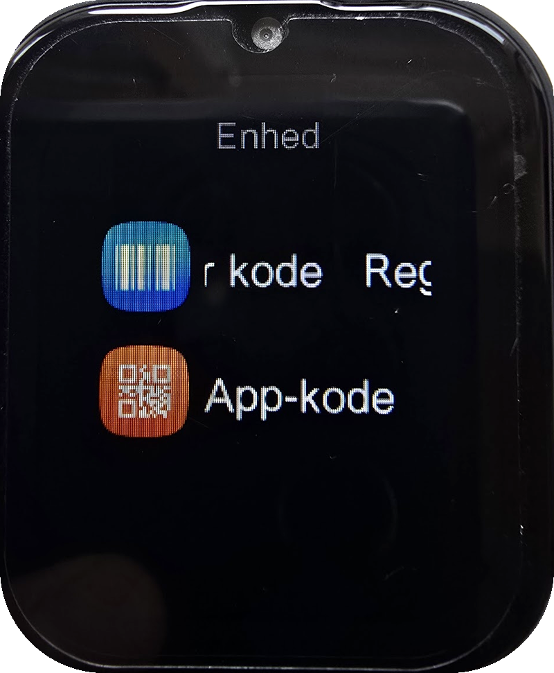 Menuen "Enhed" på KidsBuddy-uret med "Registrer kode"