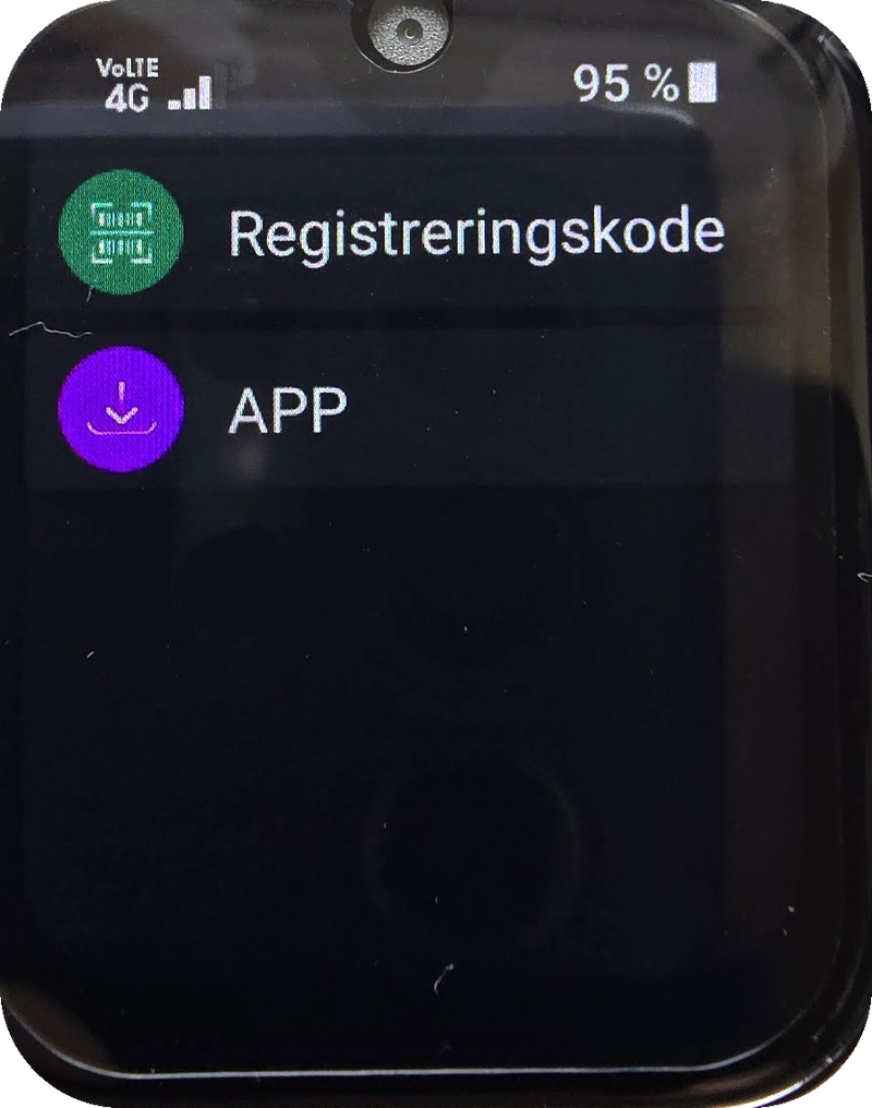 Menuen på KidsBuddy Pro-uret med "Registreringskode"